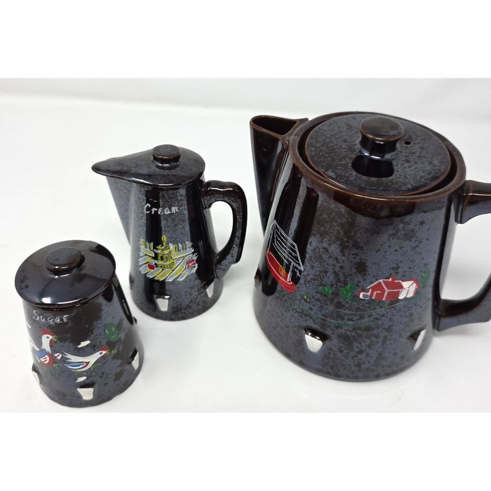 Original Design Tea/Coffee Pot Creamer And Sugar Set Dark Brown Ceramic Vintage